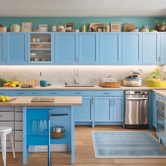 A bright, modern kitchen with sleek cabinets, a large island, and a pegboard with neatly organized utensils, surrounded by open laptops and tablets displaying various online forums.