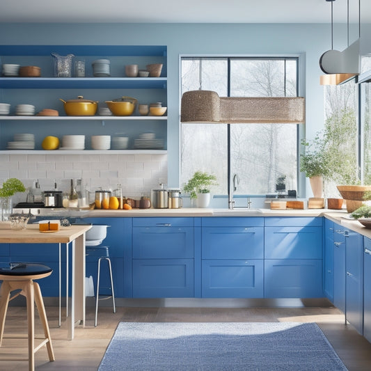 A modern kitchen featuring sleek, expandable shelving filled with colorful dishes and organized cookware, illuminated by natural light, with a stylish island showcasing innovative storage solutions and open space for easy access.
