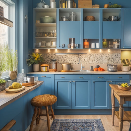 A cozy small apartment kitchen featuring a stylish Lazy Susan cabinet, filled with colorful spices and kitchenware, surrounded by modern appliances, warm lighting, and a compact dining area, emphasizing practicality and charm.