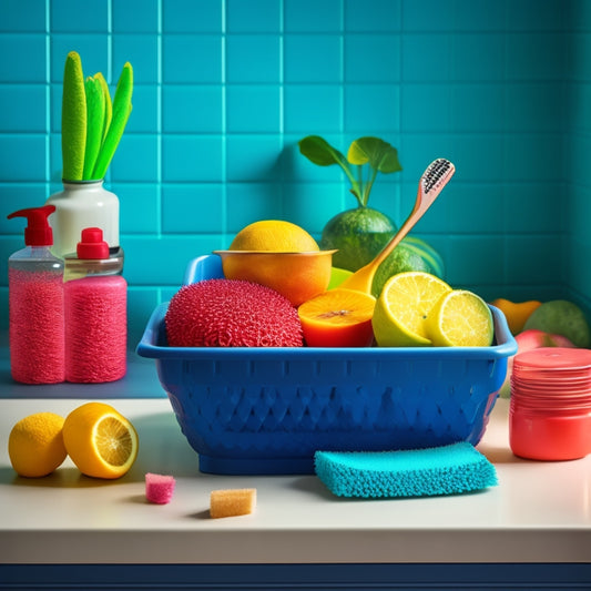 A modern kitchen sink with a stylish sink caddy filled with sponges, dish soap, and scrub brushes, surrounded by vibrant fruits and neatly organized utensils, showcasing efficient use of counter space and aesthetic appeal.