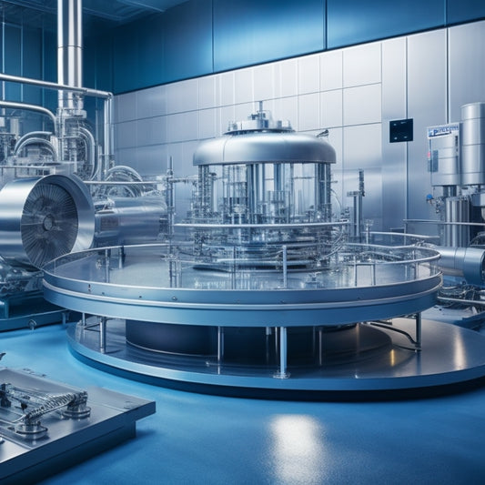 A futuristic laboratory scene with 3D stainless steel printing machinery, gleaming metal parts, and a large, circular print bed at the center, surrounded by sleek, silver pipes and wires.