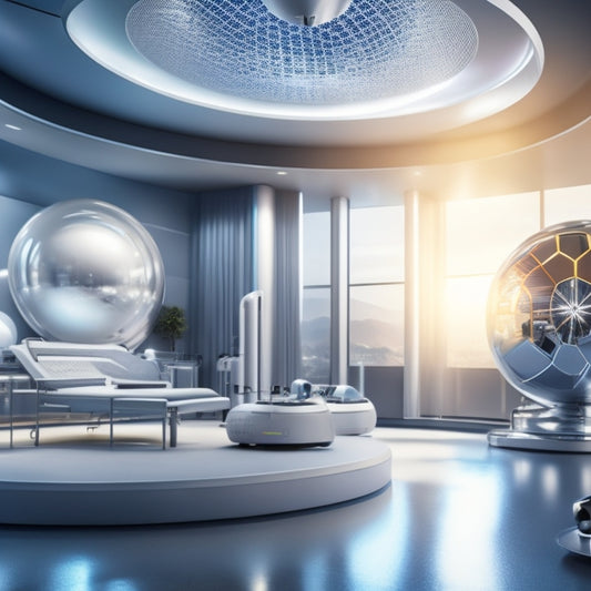 A futuristic, sleek, silver medical facility background with a large, glowing orb surrounded by orbiting icons of fitness trackers, healthy food, and meditation symbols, radiating warm, calming light.