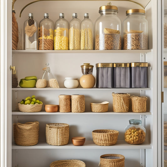 A tidy pantry with glass jars, woven baskets, and wooden shelves, featuring a mix of colorful, geometric, and minimalist printable labels, surrounded by warm lighting and natural textures.