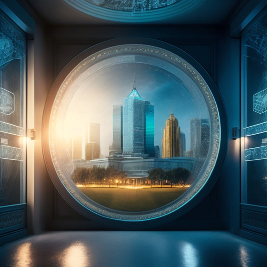 A transparent, glowing portal with a subtle grid pattern in the background, surrounded by scattered papers with dollar signs and charts, with a faint government building silhouette in the distance.