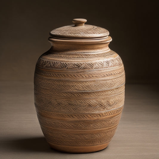 A rustic, earth-toned earthenware storage jar with a distinctive rope-patterned design wrapping around its cylindrical body, adorned with a worn, ornate lid and a subtle crackle glaze.