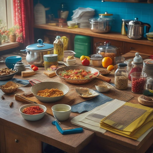 A cluttered kitchen counter with a jumbled mix of utensils, cookbooks, and appliances, surrounded by scattered recipe papers and spills, with a partially prepared meal in the background.