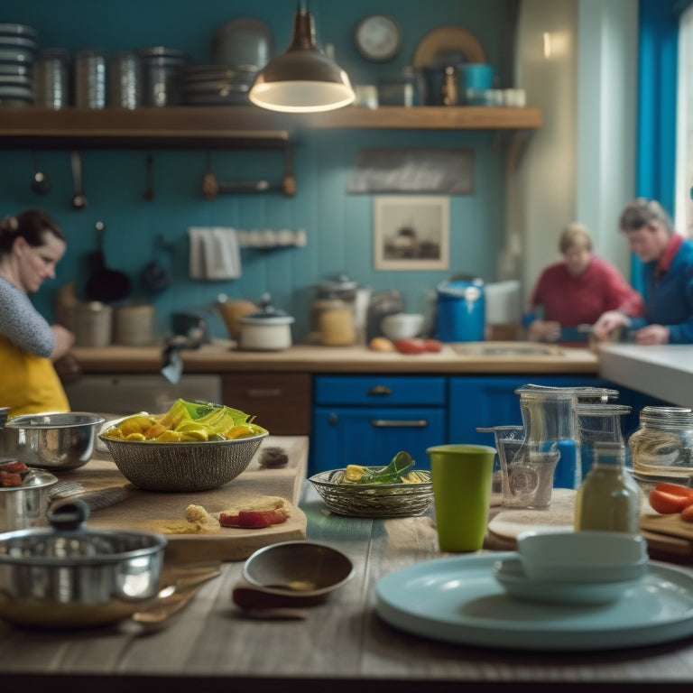 A cluttered kitchen counter with a messy utensil organizer, a slow-moving clock in the background, and a few kitchen staff in the distance, looking frustrated and overwhelmed, surrounded by dirty dishes.