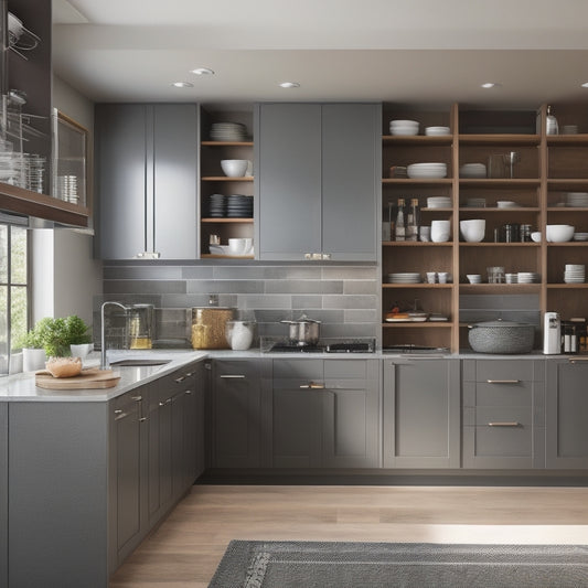 A sleek, modern kitchen with cabinets featuring adjustable shelves, pull-out drawers, and built-in spice racks, showcasing a perfectly organized and clutter-free interior with ample storage space.