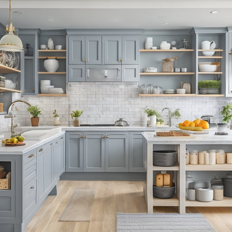 A bright, modern kitchen with sleek countertops, a large island, and floor-to-ceiling cabinets in a soft gray tone, showcasing organized utensil holders, pull-out shelves, and a pegboard.