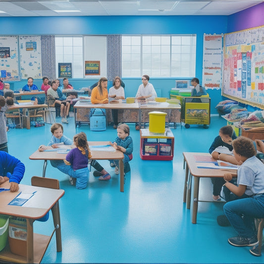 A colorful, clutter-free classroom with varied learning stations, a teacher standing near a whiteboard with a partially completed lesson plan, and diverse students engaged in collaborative activities.