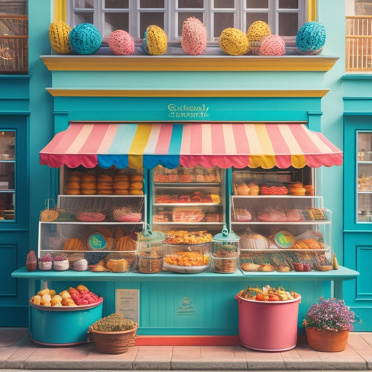 A colorful, whimsical illustration featuring a cheerful storefront with a bright awning, baskets overflowing with pastel-hued dishes, and a few strategically placed chef's hats and utensils.