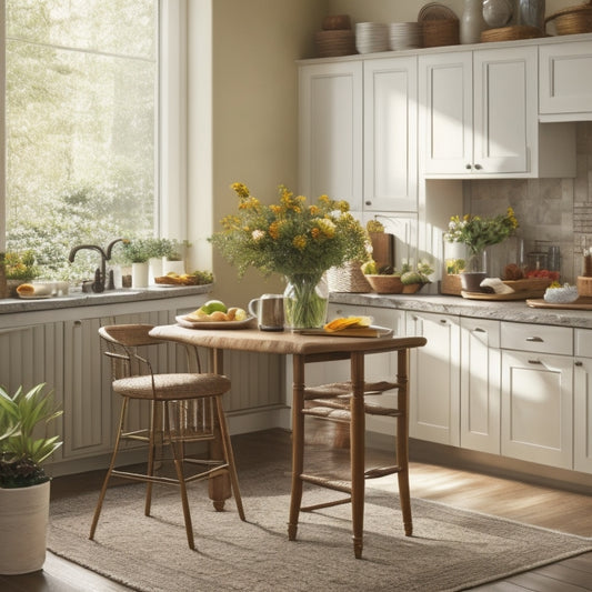 A warm and inviting kitchen scene featuring a sturdy kitchen cart with a built-in breakfast nook, two cushioned stools, and a vase with fresh flowers on the counter.