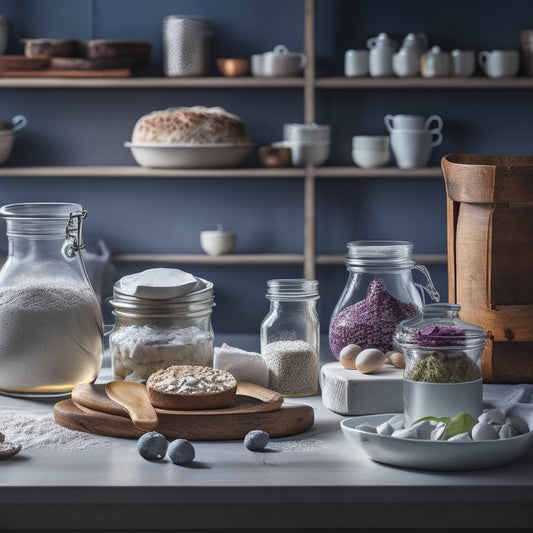 A cozy kitchen countertop adorned with elegant glass jars filled with flour, sugar, and baking soda, accompanied by a rustic wooden spoon, colorful measuring cups, and a stylish recipe book open to a delicious dessert.