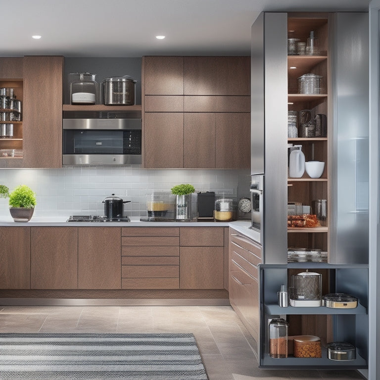 A sleek modern kitchen featuring pull-out cabinet shelves with polished wood finishes, organized spices and cookware, soft ambient lighting, stainless steel appliances, and contemporary decor elements, creating an inviting and functional cooking space.