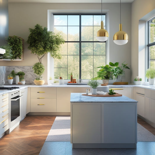 A sleek, contemporary modular kitchen featuring glossy white cabinets, stainless steel appliances, an island with a marble countertop, pendant lighting, and potted herbs, all set against a backdrop of large windows with natural light.