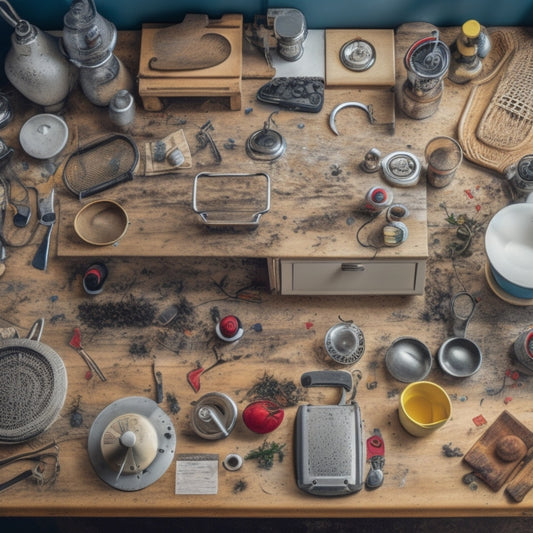 A cluttered kitchen countertop with a jumbled mess of outdated gadgets, utensils, and appliances, surrounded by open kitchen drawers and cabinets with more gadgets spilling out, with a few items circled in red "X" marks.
