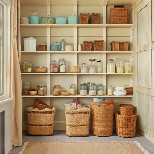 A tidy pantry with adjustable shelves, baskets, and bins in a soothing color scheme, featuring a mix of glass jars, woven containers, and a few decorative accents like a vintage utensil or a potted herb.
