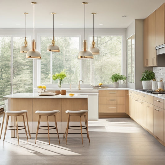 A bright, modern kitchen with a large island featuring a built-in breakfast nook, surrounded by floor-to-ceiling windows, a stylish pendant light fixture, and sleek, high-gloss cabinetry in a neutral color palette.