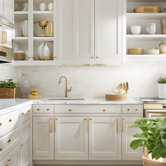 A bright, modern kitchen with creamy white cabinets, soft golden lighting, and a subtle marble backsplash, featuring neatly organized contents, baskets, and utensils in perfectly arranged rows.