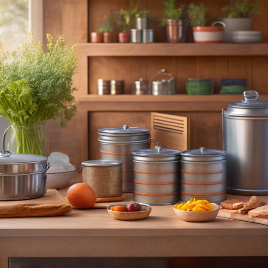 A tidy kitchen countertop with 3-4 decorative metal canisters of varying sizes, each filled with canned goods, alongside a wooden crate with rolled-up recipe cards and a few fresh herbs on top.