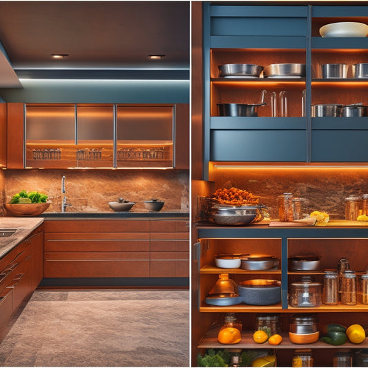 A modern kitchen with sleek, adjustable roll-out trays nestled in dark wood cabinets, showcasing organized spices, utensils, and cookware, illuminated by warm under-cabinet lighting, highlighting practicality and elegance in design.