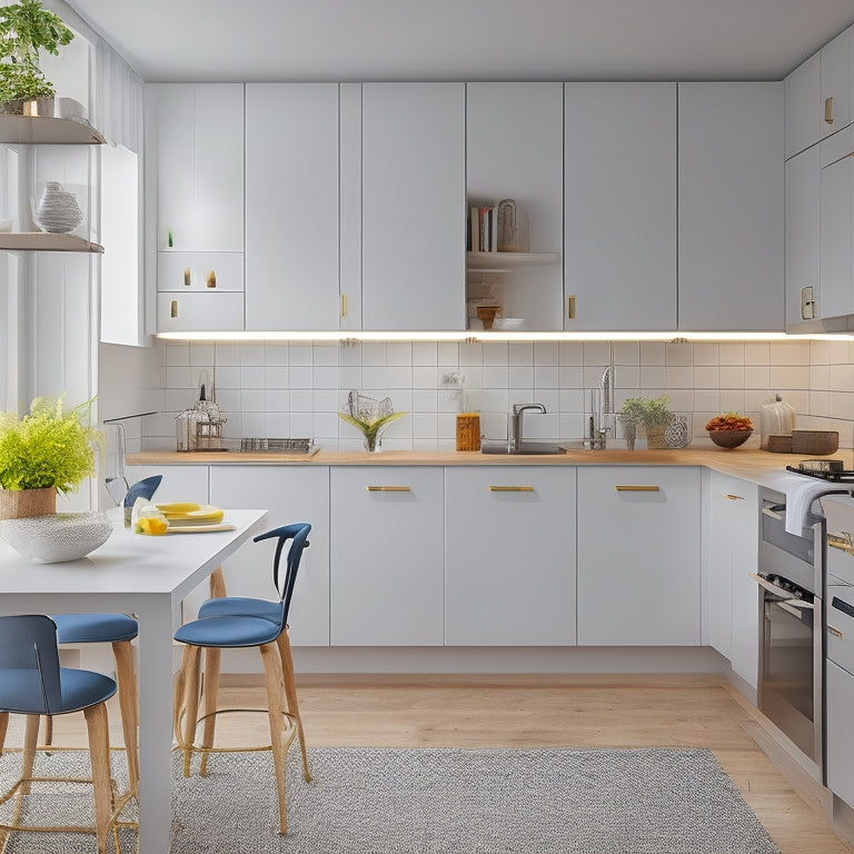 A cozy small kitchen featuring sleek modular units, bright white cabinetry, open shelving with colorful dishware, a compact island with bar stools, and warm ambient lighting, all harmonizing in a functional, stylish layout.