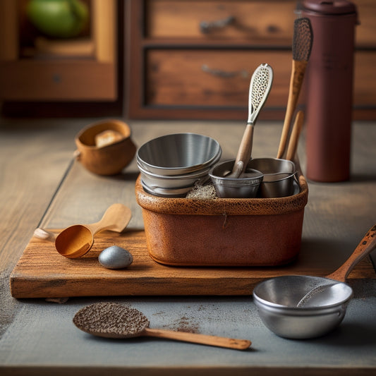 A whimsical still life of miniature utensils, like a small whisk and wooden spoons, nestled in repurposed containers, such as a vintage tea infuser and a tiny wooden drawer, on a worn wooden countertop.