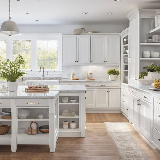 A bright, airy kitchen with sleek, white cabinets, polished chrome fixtures, and a large, quartz-topped island in the center, surrounded by a mix of open shelving and closed storage units.