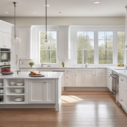 A bright, airy kitchen with creamy white cabinets, quartz countertops, and a massive island featuring a built-in cooktop, set against a backdrop of large windows and sleek, dark hardwood flooring.