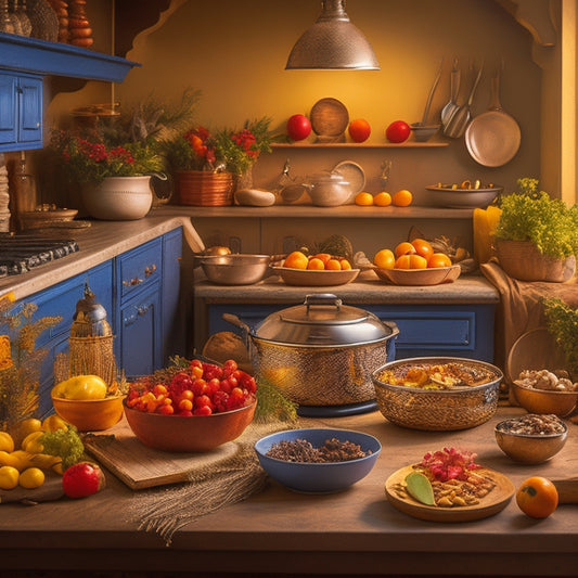 A warm, golden-lit kitchen scene with a Wonder Oven at its center, surrounded by vibrant, colorful ingredients and utensils, with a few mouthwatering dishes in various states of preparation.
