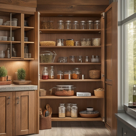 A sleek kitchen scene showcasing a pull-out cabinet organizer filled with spices, jars, and utensils. Soft lighting highlights the wood finish, while the cabinet door is partially open, revealing its organized interior.