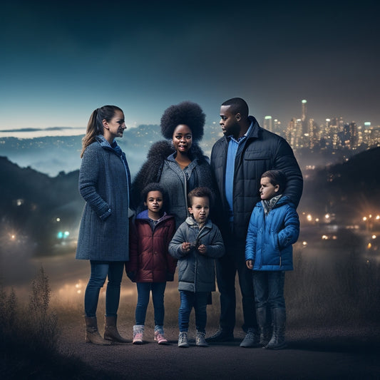 An illustration depicting a diverse family of four (two adults, one child, one infant) standing together, holding flashlights, surrounded by a subtle cityscape at dusk with a hint of smoke and debris.