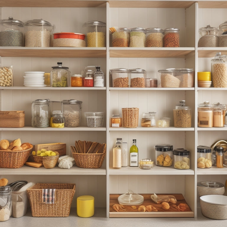 A tidy kitchen cabinet with a lazy Susan installed, featuring multiple tiered shelves and baskets, filled with neatly arranged kitchen utensils, cookbooks, and gourmet food containers.