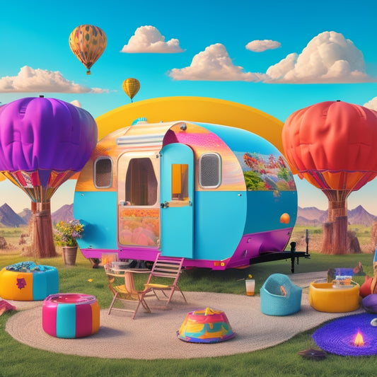A colorful illustration featuring a stylized R-pod trailer surrounded by vibrant threads of conversational bubbles, connecting diverse avatars and icons, set against a warm, sunny camping background.
