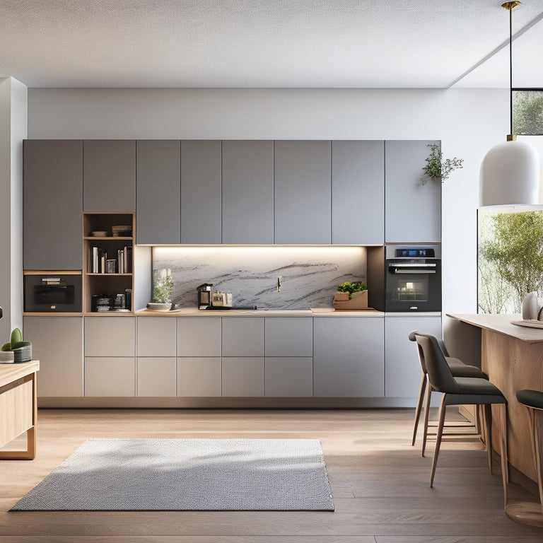 A sleek, minimalist kitchen with modular cabinets, open shelving, a compact island with bar stools, integrated appliances, and clever storage solutions, bathed in natural light, showcasing a harmonious blend of style and functionality.