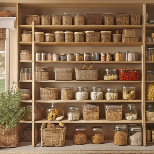 A warm and inviting pantry with wooden shelves, filled with clear glass jars of various sizes, containing an assortment of whole grains, spices, and canned goods, surrounded by wicker baskets and a few cookbooks.