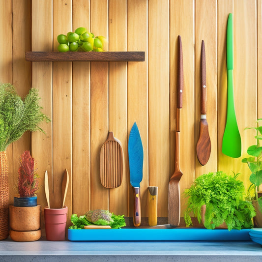 A sleek wooden kitchen wall featuring a stylish magnetic knife holder, adorned with an array of colorful, eco-friendly knives. Sunlight streams through a nearby window, illuminating potted herbs and sustainable kitchen accessories.