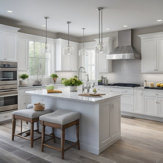 Illustrate a modern kitchen with a U-shaped layout, featuring a large center island, white quartz countertops, stainless steel appliances, and a mix of overhead and under-cabinet lighting.