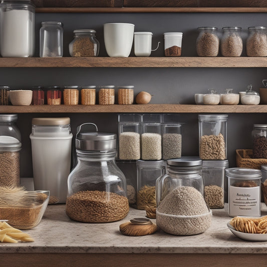 A tidy kitchen counter with a variety of dry goods storage containers in different shapes, sizes, and materials, with a few containers slightly ajar, revealing contents like flour, coffee beans, and pasta.