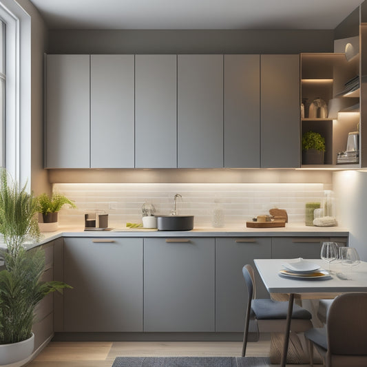 A stylish small apartment kitchen featuring sleek, multi-functional cabinets with pull-out shelves, integrated organizers, and vertical storage solutions, all showcasing a minimalist design with warm lighting and a cozy atmosphere.