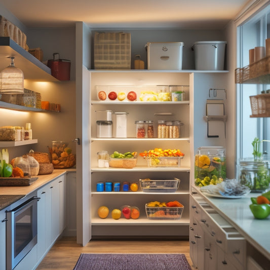 A tidy kitchen with airtight containers on a countertop, a refrigerator with labeled leftovers, and a pantry with organized shelves and baskets, all illuminated by natural light.