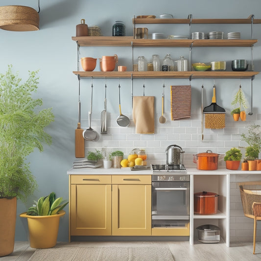 A modern kitchen featuring a sleek over-the-door rack, showcasing neatly organized pots, pans, and utensils. Brightly colored spices in jars, hanging dish towels, and a decorative plant add warmth to the space.