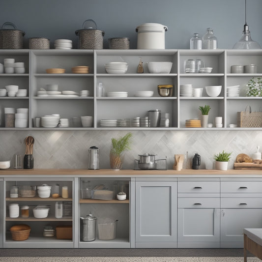 A modern kitchen with sleek, wall-mounted shelves and cabinets, featuring a variety of stylish storage containers, baskets, and utensil holders, showcasing organized countertops and a clutter-free cooking space.