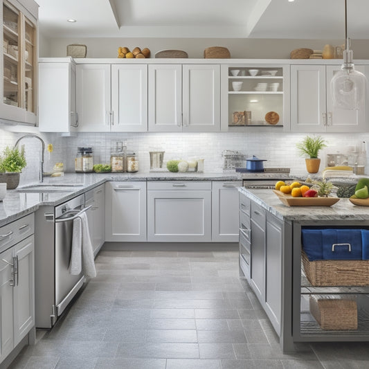 A modern kitchen with sleek countertops, a stainless steel fridge, and a large island in the center, featuring a tablet with an open inventory app, surrounded by organized jars and baskets.