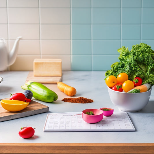 A minimalist kitchen counter with a few essential items: a meal planning calendar, a keto cookbook, a set of measuring cups, a kitchen scale, and a colorful arrangement of fresh vegetables.
