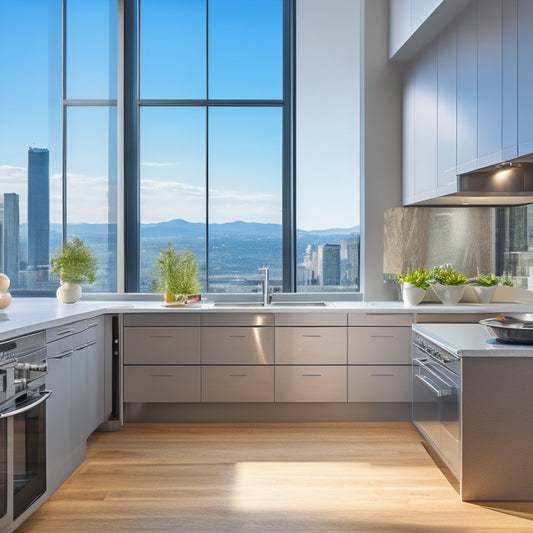 A bright, modern apartment kitchen with a compact island, wall-mounted shelves, and a retractable downdraft cooktop, surrounded by sleek, minimalist cabinets and a large window with city views.