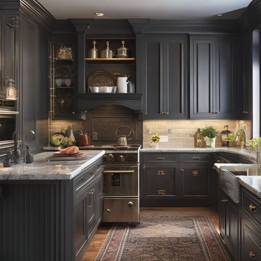 A warm, well-lit kitchen with sleek, custom-built cabinets in a rich, dark wood tone, adorned with ornate hardware, and featuring a mix of open shelving and glass-front doors.