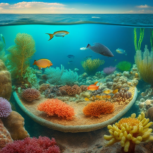 Illustrate an intricate network of interconnected marine life, with schools of fish, crabs, and oysters surrounding a central Chesapeake Bay estuary, amidst water plants and subtle hints of human impact.
