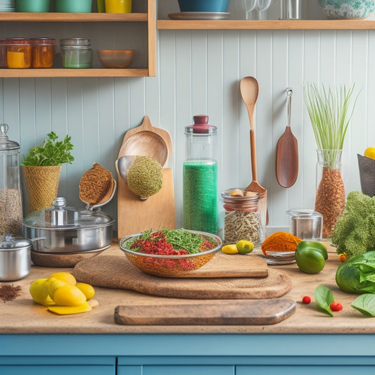 A tidy kitchen counter with a wooden utensil organizer, a labeled spice rack, and a stack of color-coded recipe binders, surrounded by a few neatly arranged cooking utensils and fresh herbs.