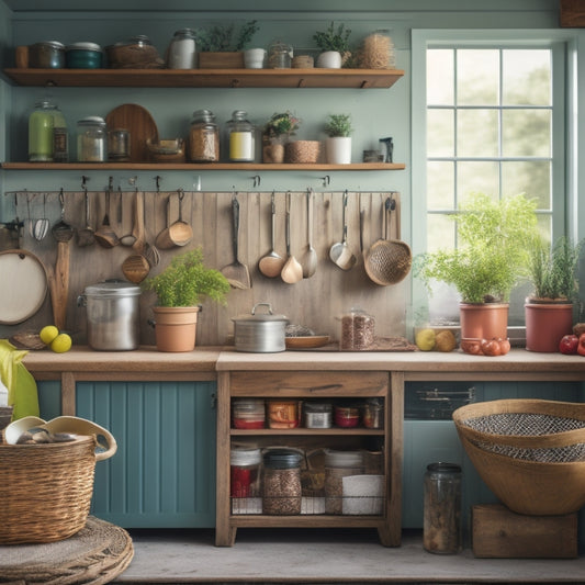 A cluttered kitchen with overflowing cabinets, messy countertops, and a tangled web of kitchen utensils, transformed into a serene space with repurposed mason jars, wooden crates, and a pegboard.